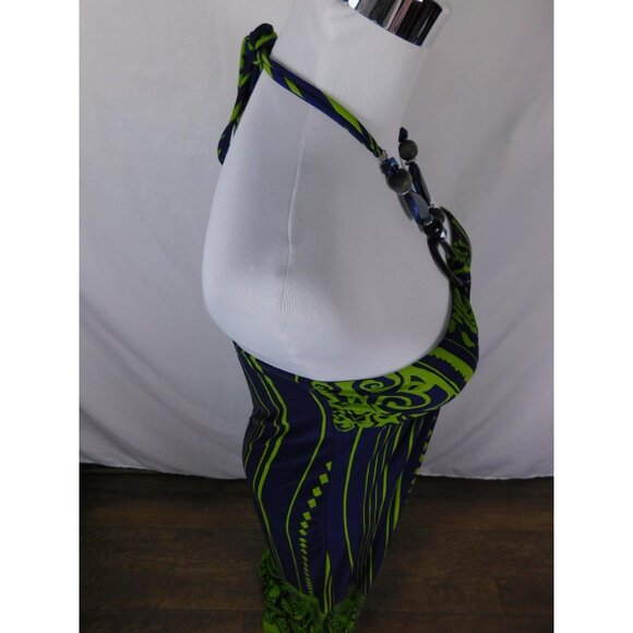 Carole Little Blue Green Halter Maxi Dress 4 - Beaded Neckline - Excellent - Picture 9 of 12